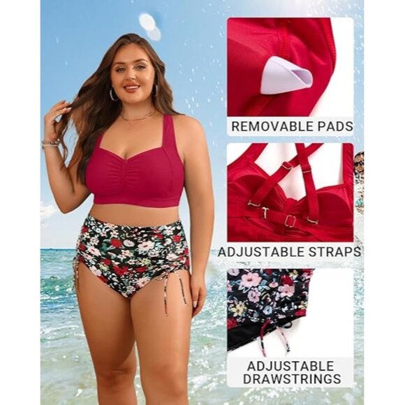 Daci Plus Size 22W Two-Piece Swimsuit High-Waisted Bottom Ruched Floral Bikini - Picture 4 of 9